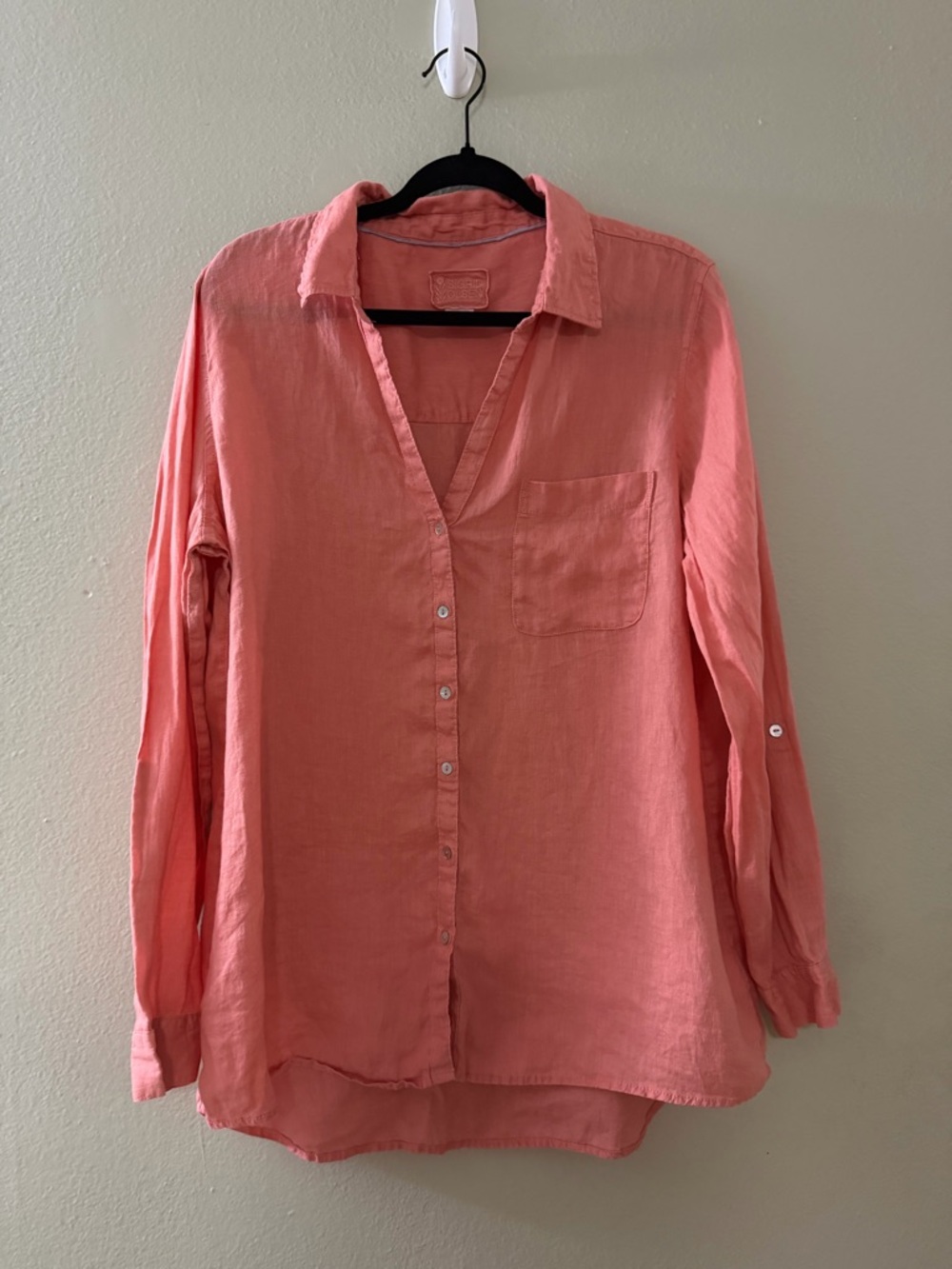 Sigrid Olsen Coral Pink 100% Linen Long Sleeve Roll-Tab Button Down Shirt XL